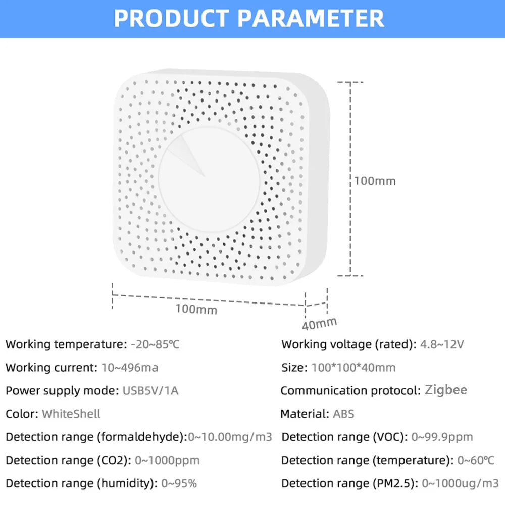 6-in-1 Air Quality Monitor — CO2, PM2.5, TVOC, Formaldehyde