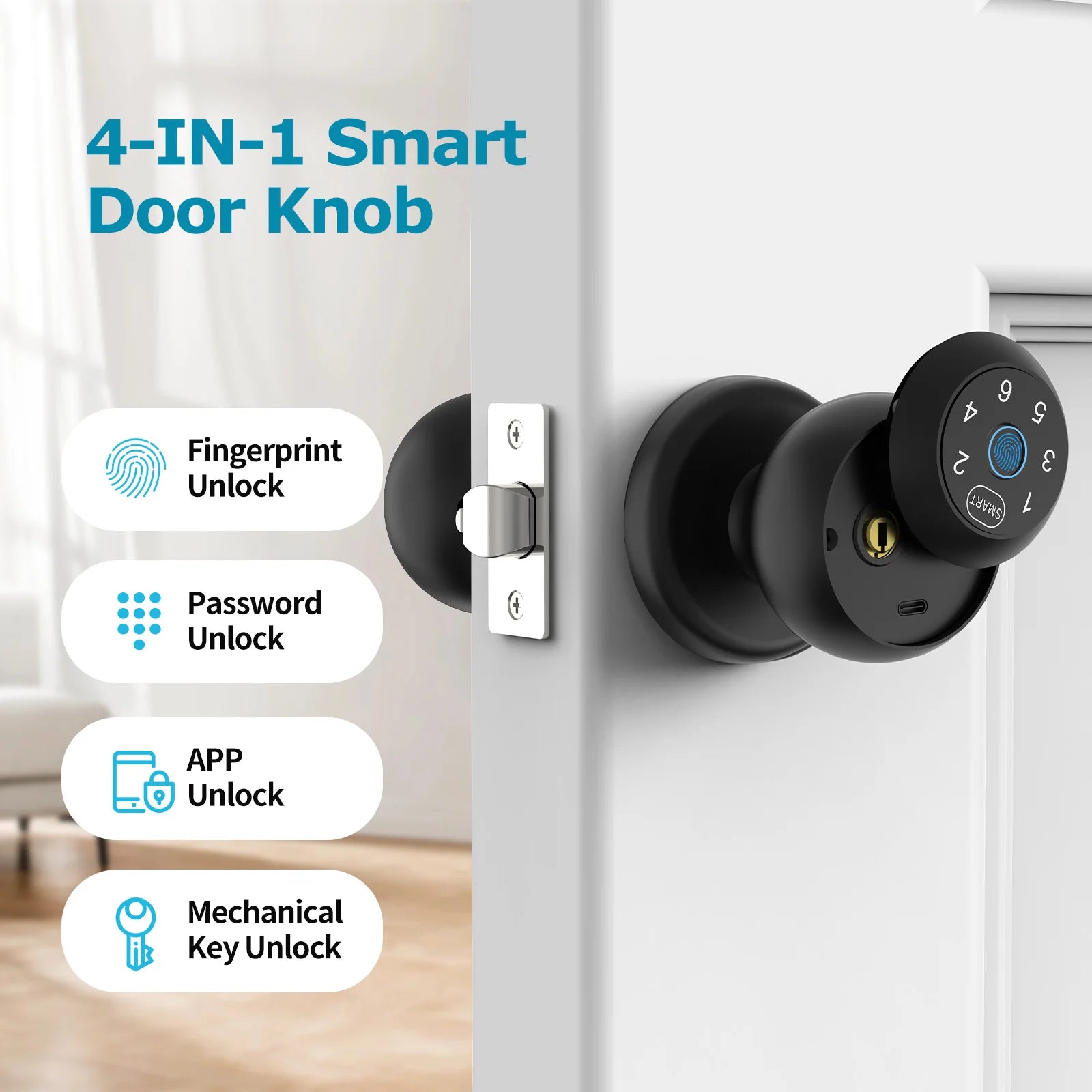 Smart Door Knob Lock — Fingerprint, Keypad & App (Indoor)
