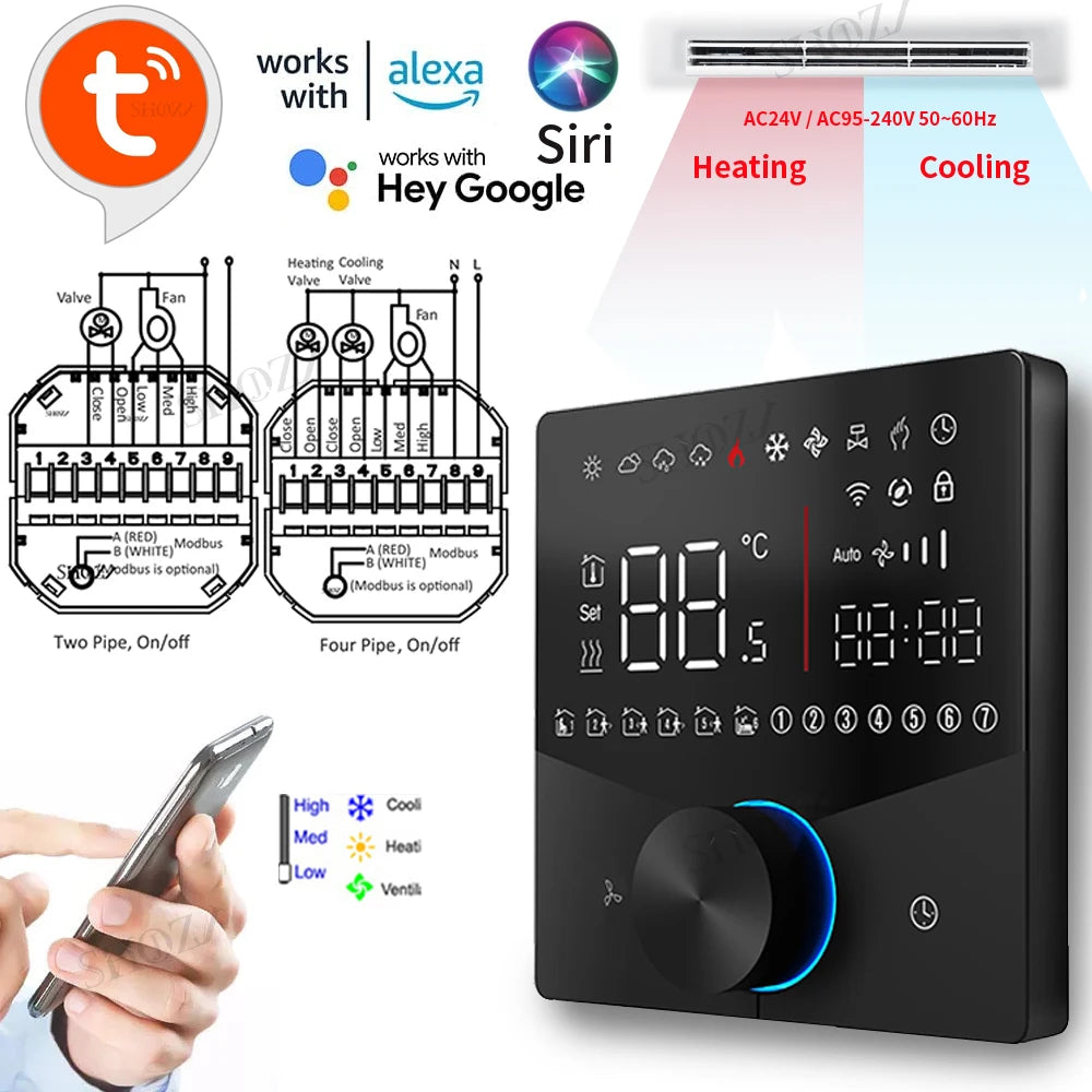 Smart Fan Coil Thermostat — 24V Central Air, 2/4-Pipe, 3-Speed
