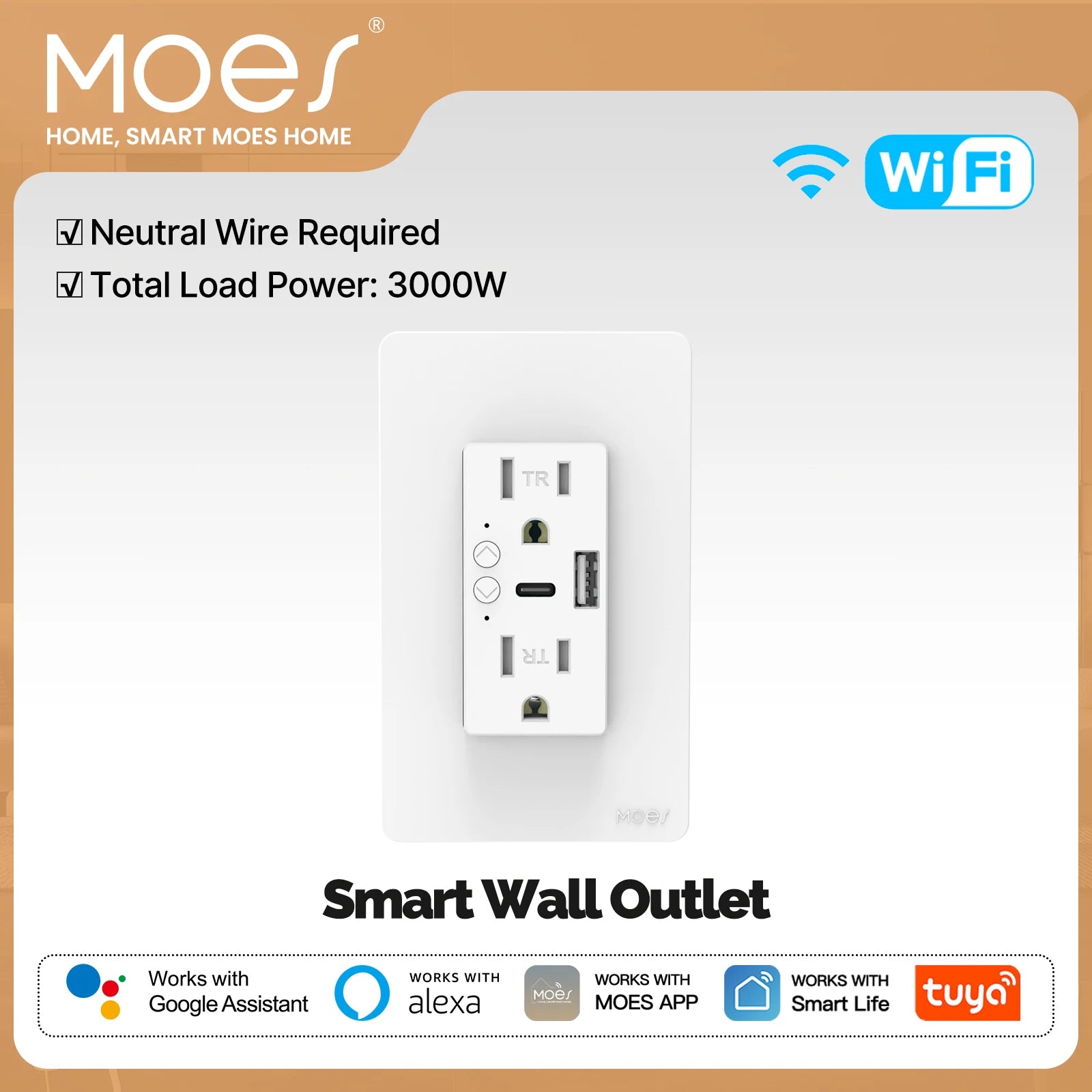 MOES Smart Wall Outlet with USB-C — WiFi, Alexa & Google Home