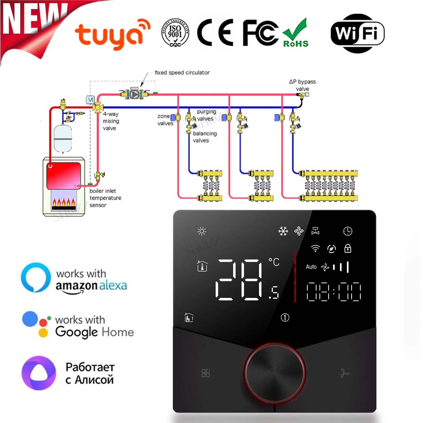 Smart Fan Coil Thermostat — 24V Central Air, 2/4-Pipe, 3-Speed