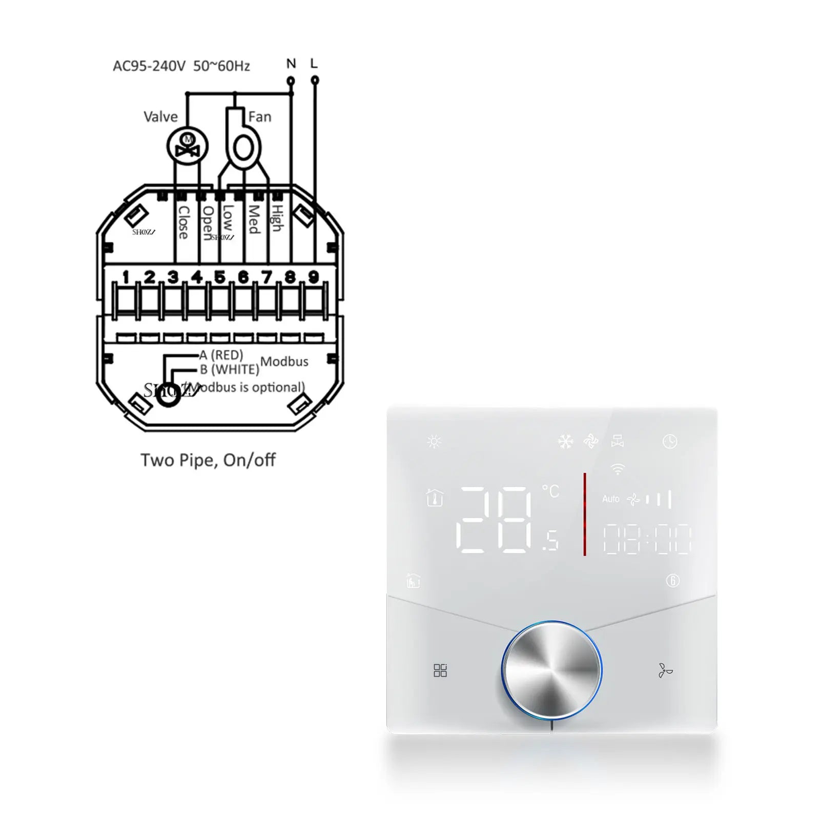 Smart Fan Coil Thermostat — 24V Central Air, 2/4-Pipe, 3-Speed