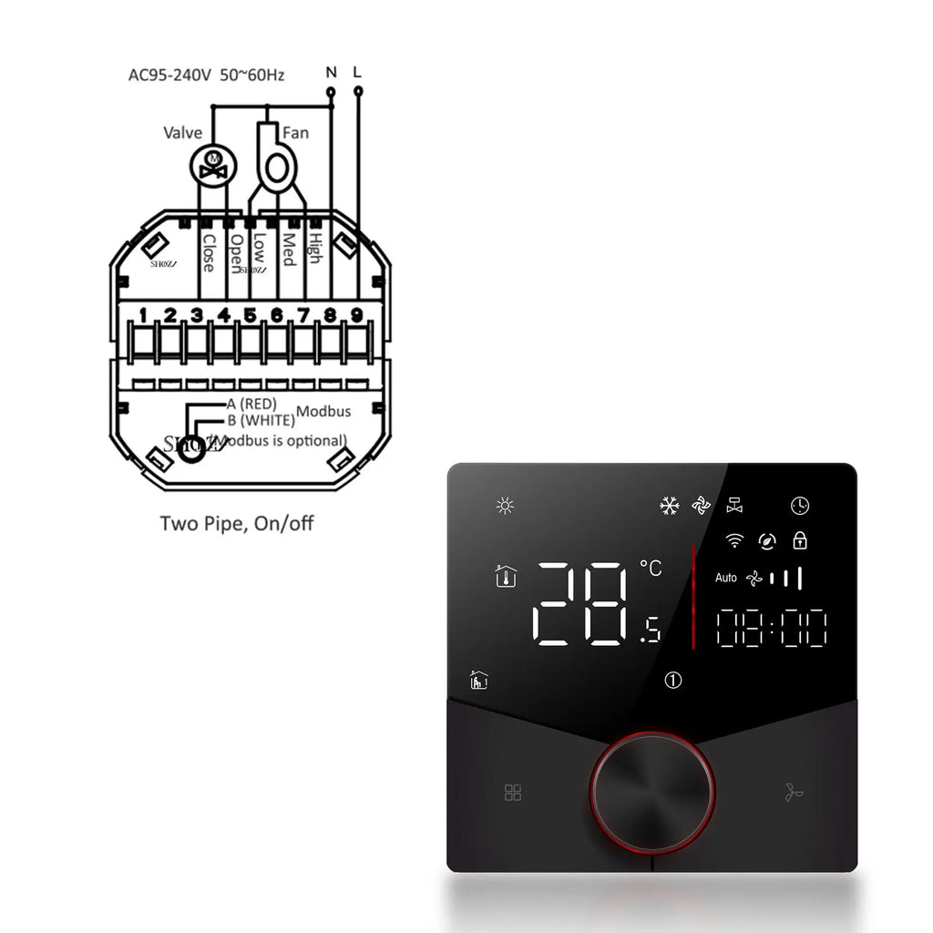Smart Fan Coil Thermostat — 24V Central Air, 2/4-Pipe, 3-Speed