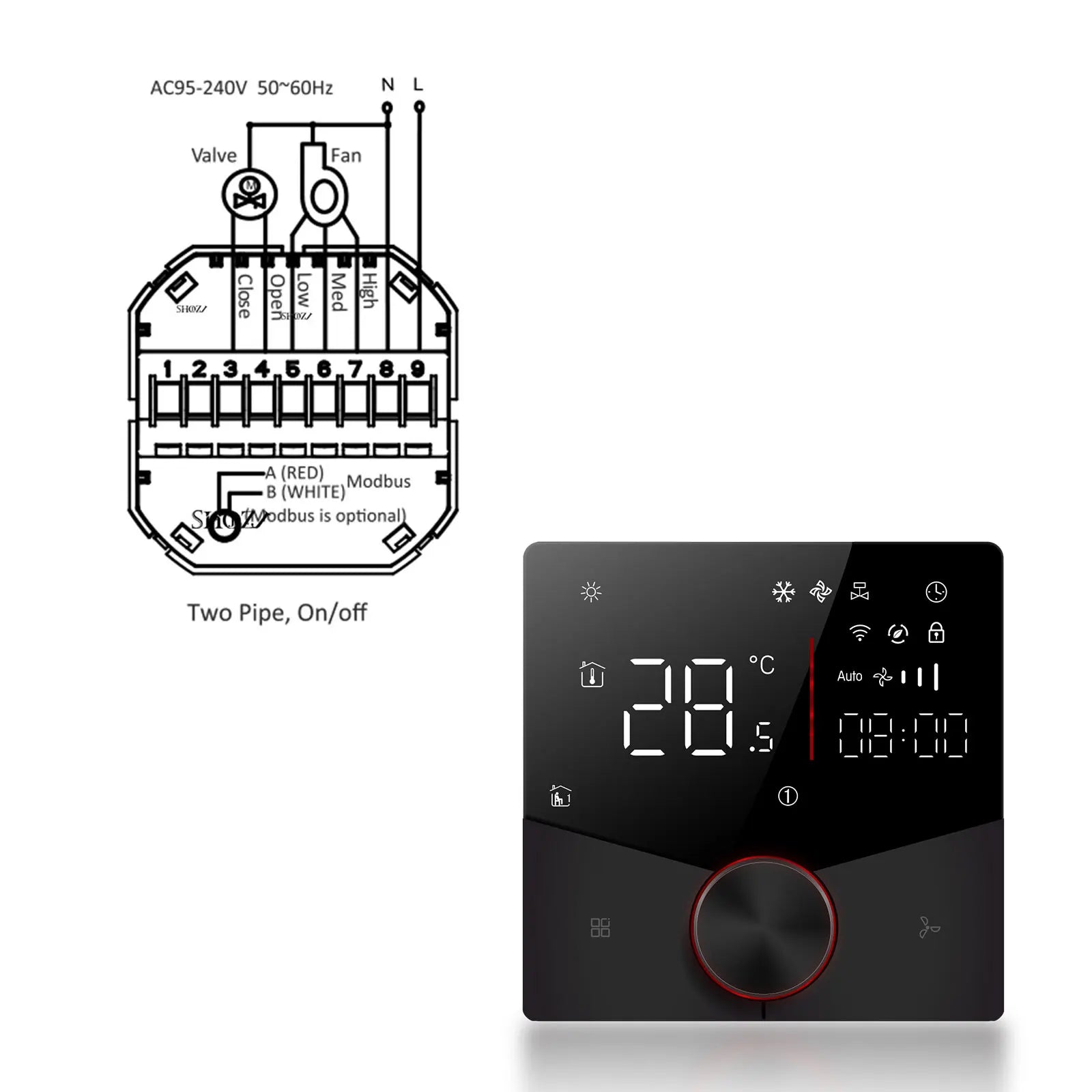 Smart Fan Coil Thermostat — 24V Central Air, 2/4-Pipe, 3-Speed