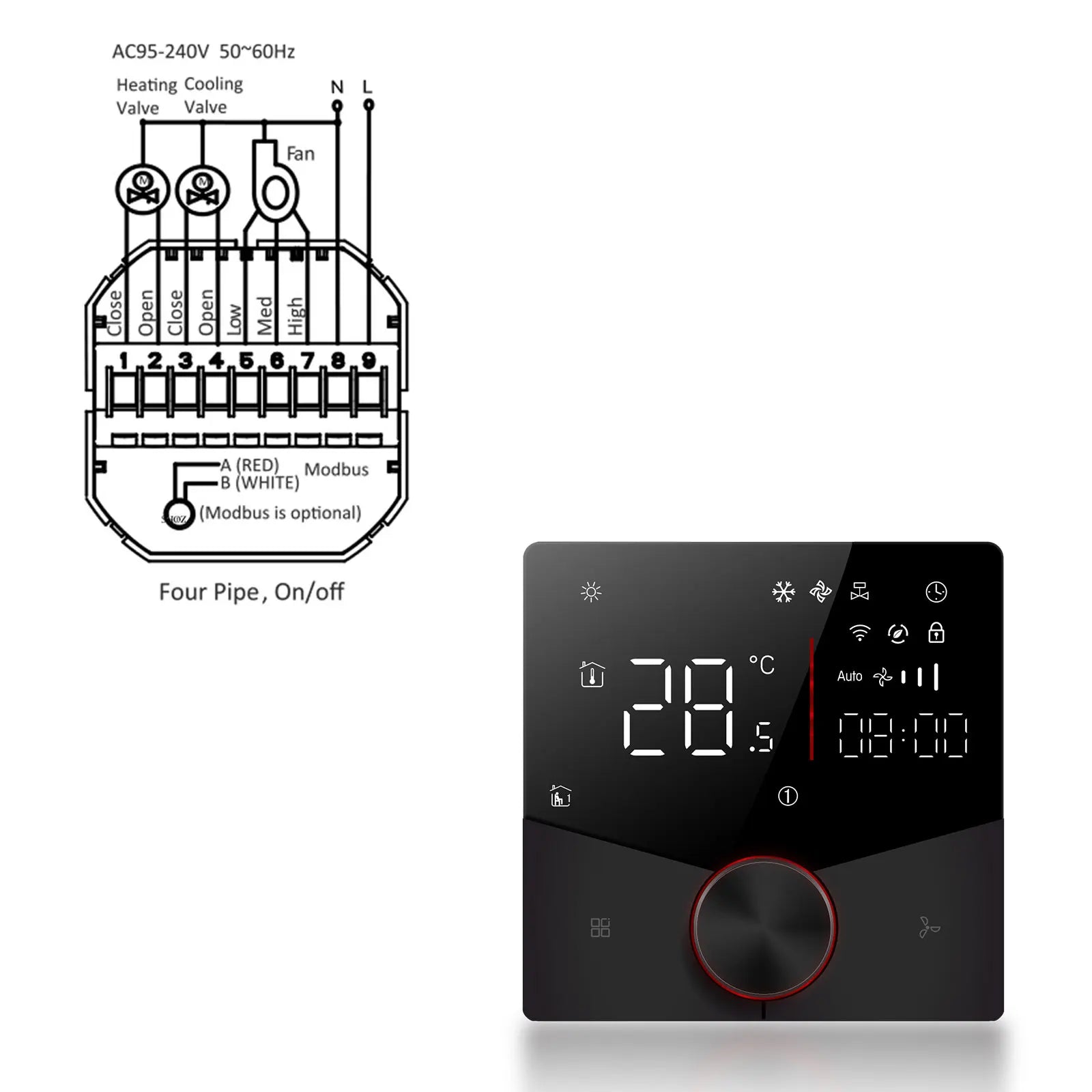 Smart Fan Coil Thermostat — 24V Central Air, 2/4-Pipe, 3-Speed